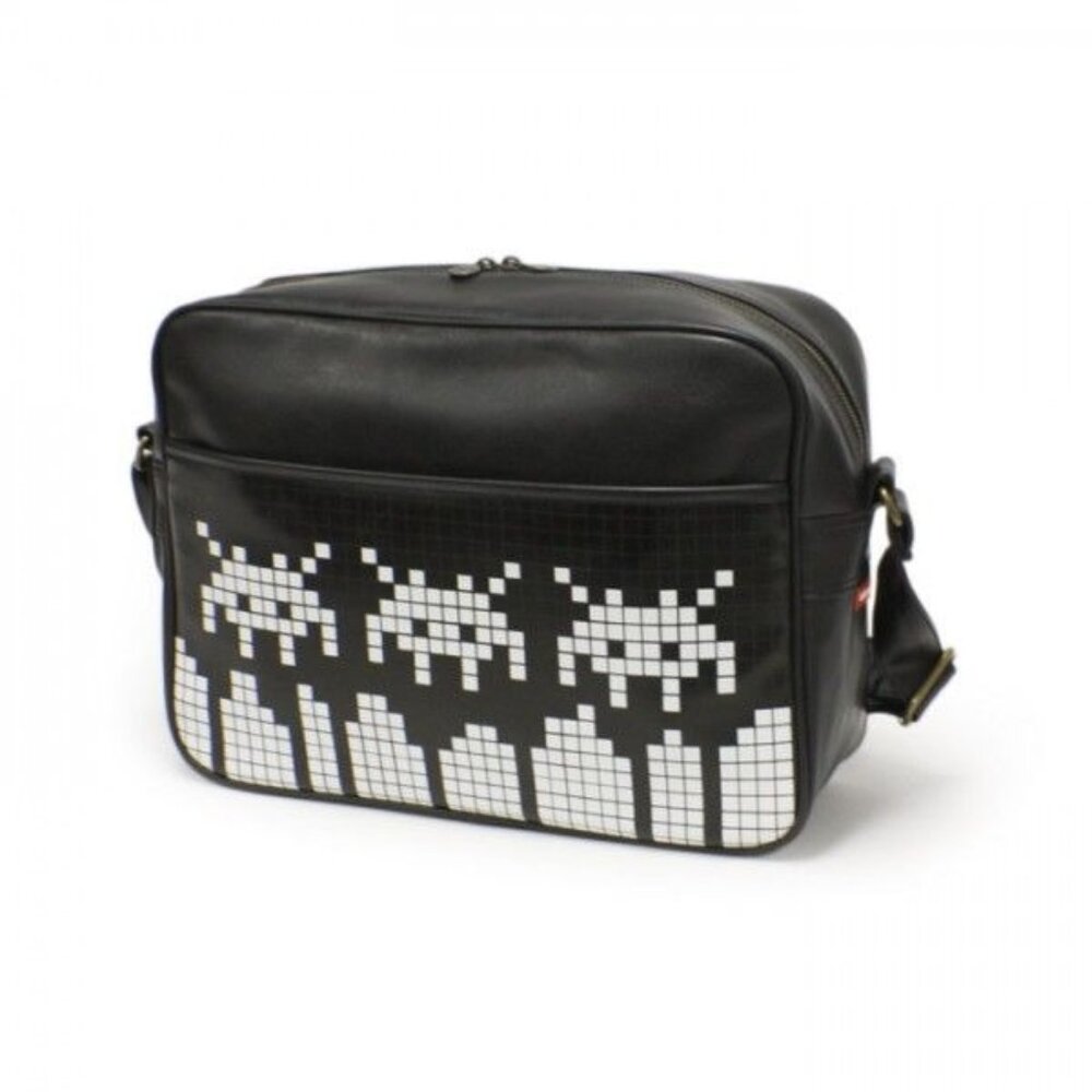 Space Invaders Crossbody Tote Messenger Bag Black White Faux Leather Skyline